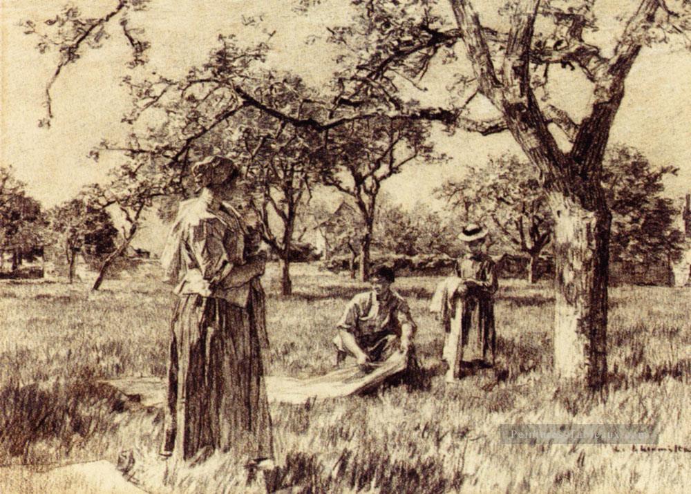 Les lavandières mettent le linge à sécher les scènes rurales paysan Léon Augustin Lhermitte Peintures à l'huile